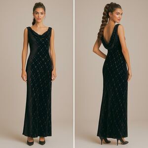 90s Y2K Minimalist Burnout Velvet Beads Bias Cowl Slinky Maxi Dress 6 Whimsygoth